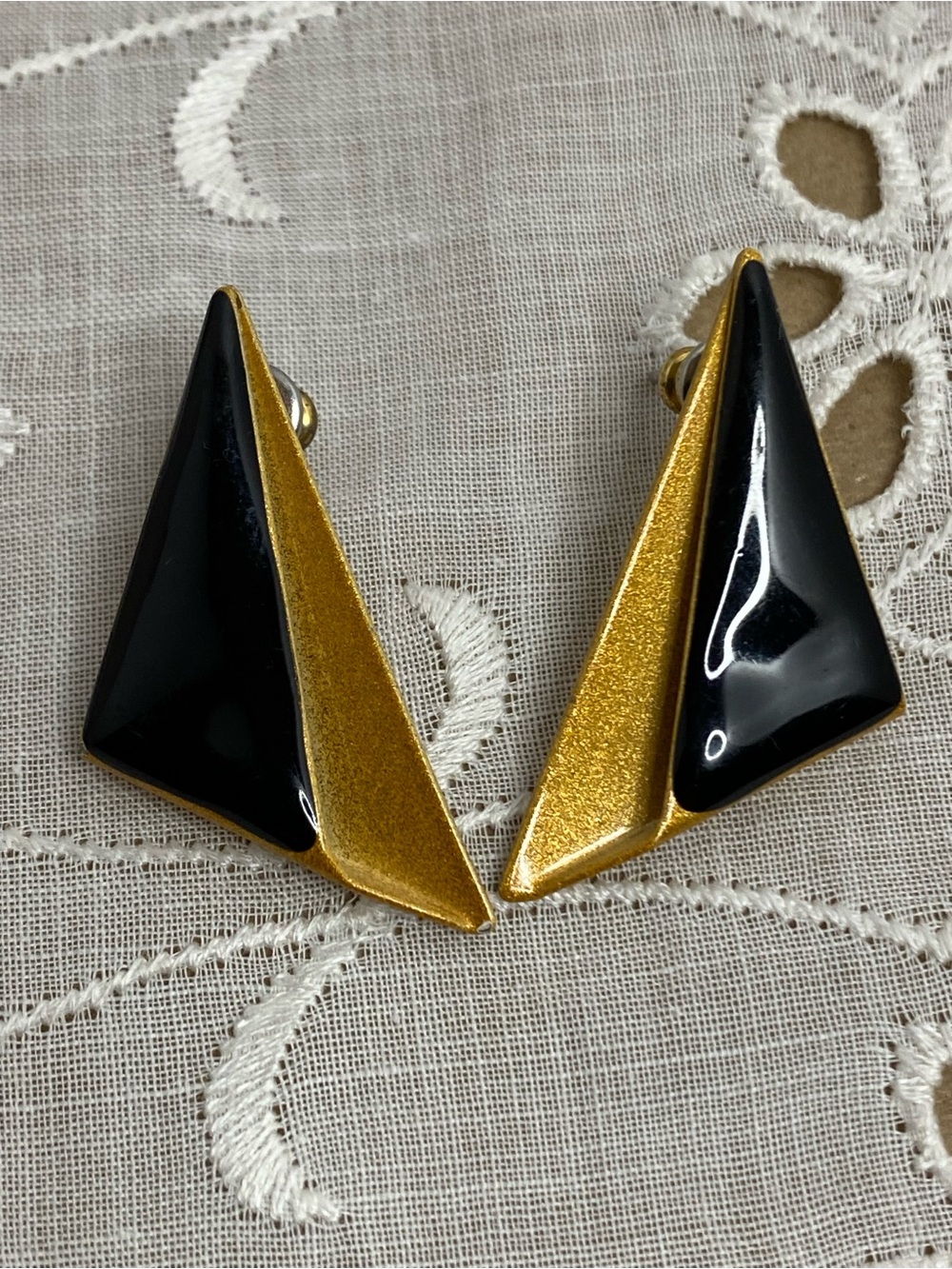 Vintage Geometric Black & Gold Tone Enamel Pierced Earrings Art Deco Style